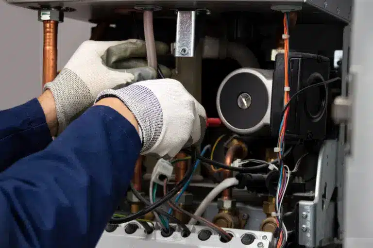 technician performing heating service by working on a furnace