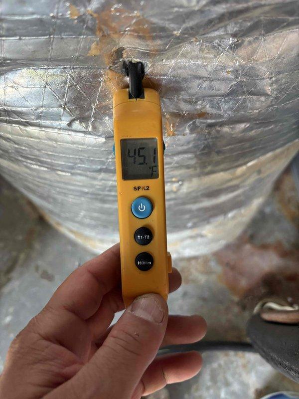 Newburgh, IN - Completed second annual Gold Level maintenance visit on 8-year-old HVAC system. Performed comprehensive inspection of single-system unit, including temperature differential measurements across ductwork which registered 45 degrees, indicating proper system performance. Inspected flexible ductwork and noted existing surface discoloration but confirmed structural integrity remains intact. Installed new 20x25x5 filter per maintenance protocol and documented all findings with photographic evidence for service records.