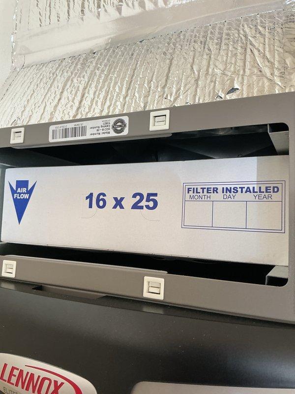 Completed first scheduled maintenance visit on Lennox HVAC system, replacing 16x25x5 air filter as part of quarterly preventive maintenance program. Inspected ECM blower motor control board and electrical connections, verifying proper operation of all system components and wiring harnesses.