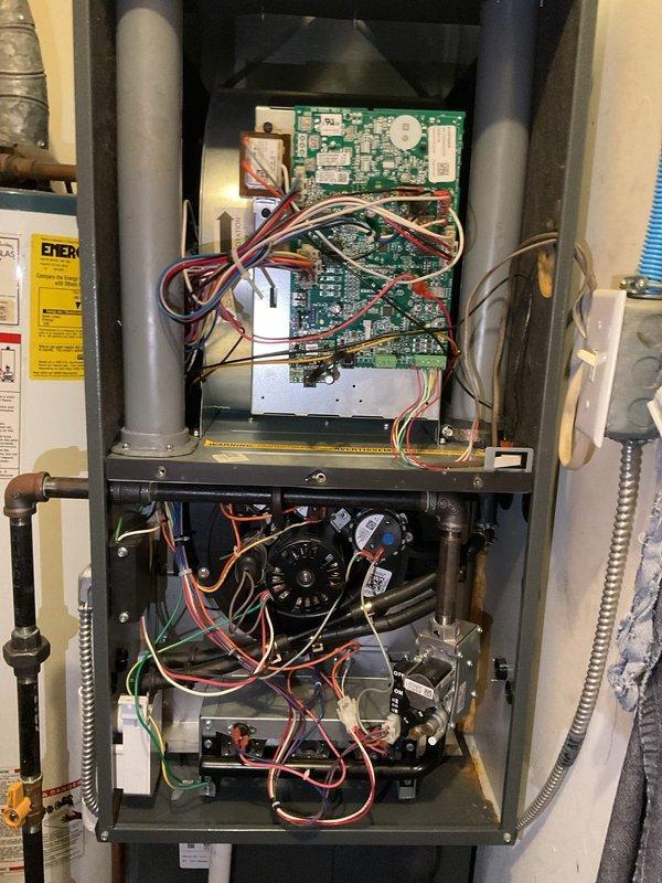 # HVAC Maintenance - Planned Single Maintenance

Completed planned maintenance inspection on a 4-year-old gas furnace system during first service visit. Removed access panels to perform thorough visual inspection of all internal components, including control boards, blower motor assembly, gas valve, pressure switches, and electrical connections. Verified proper operation of circuit boards and documented condition of wiring harnesses throughout the unit. Inspected PVC venting and condensate drainage systems for proper installation and function. Replaced 16x20x5 air filter as part of routine maintenance protocol. All components were found to be in good working condition with no signs of wear, damage, or deterioration noted at this time.