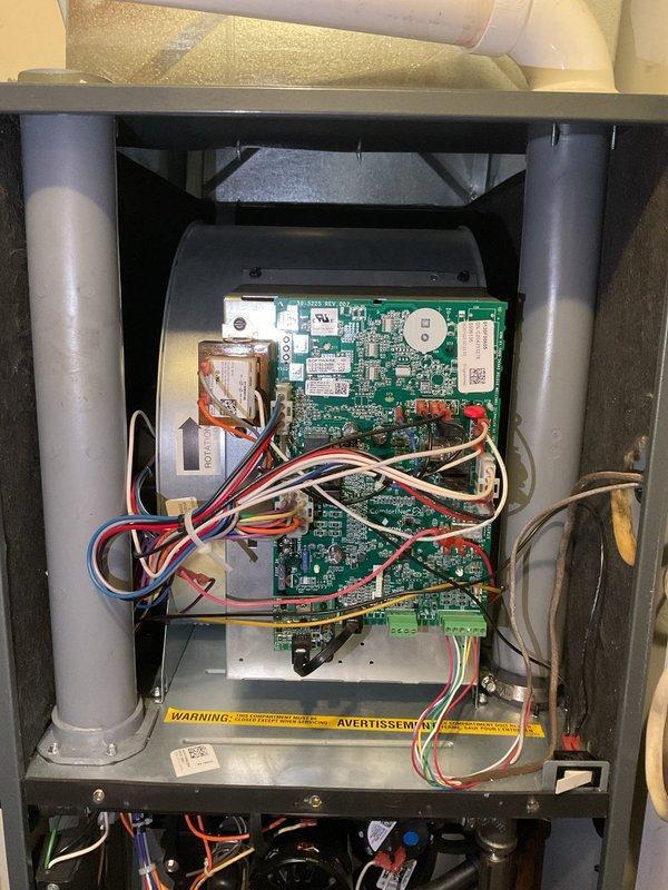 # HVAC Maintenance - Planned Single Maintenance

Completed planned maintenance inspection on a 4-year-old gas furnace system during first service visit. Removed access panels to perform thorough visual inspection of all internal components, including control boards, blower motor assembly, gas valve, pressure switches, and electrical connections. Verified proper operation of circuit boards and documented condition of wiring harnesses throughout the unit. Inspected PVC venting and condensate drainage systems for proper installation and function. Replaced 16x20x5 air filter as part of routine maintenance protocol. All components were found to be in good working condition with no signs of wear, damage, or deterioration noted at this time.