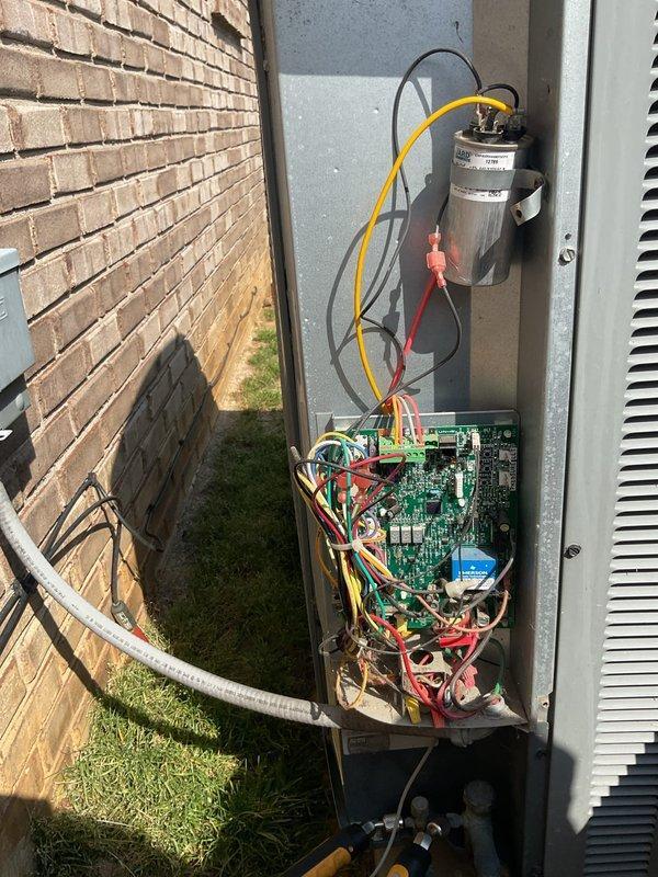 Newburgh, IN - Completed planned maintenance visit on residential HVAC system with 16x25x5 filter media and 9-year-old equipment. Performed comprehensive inspection of outdoor condensing unit, including examination of electrical components, control board, capacitor, and wiring connections. Documented system conditions with photographs showing all internal components in proper working order. All electrical connections secure, control board functioning normally, and unit operating within manufacturer specifications.