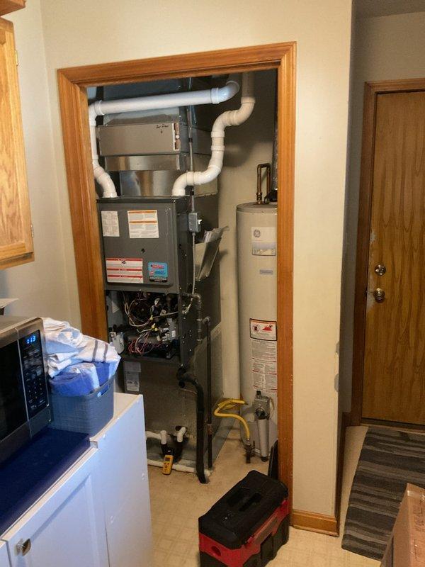 Evansville, IN - Performed scheduled maintenance on 10-year-old AC system per customer's request. Inspected furnace unit and associated components in utility closet, confirming proper operation. System is functioning correctly with next maintenance recommended in 2025.