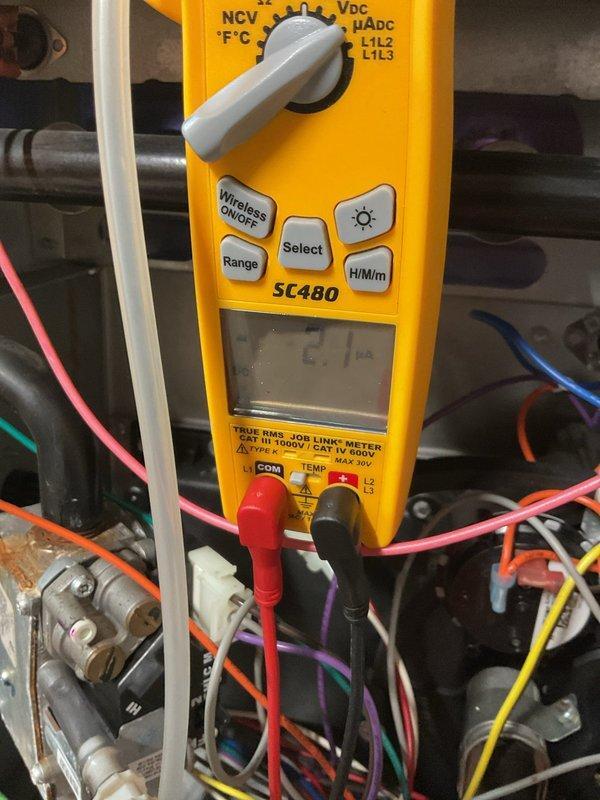 Completed Platinum Level maintenance on 7-year-old HVAC system including replacement of 20x25x2 filters and inspection of polarized media. Performed electrical diagnostics with multimeter, measuring microamp current draw (2.1 μA) to verify proper system operation. All components functioning correctly during this first annual maintenance visit.