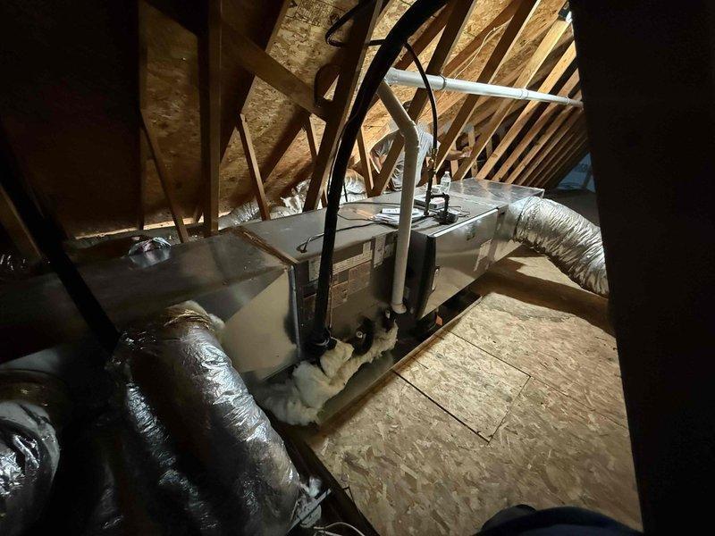 Successfully installed complete GREEN 4T 17S 97UP system, including new indoor furnace unit with properly connected ductwork and PVC venting in attic space, along with dual outdoor condenser units mounted on concrete pad with appropriate electrical connections and refrigerant lines. All components were properly secured, tested for optimal performance, and photo documentation was taken of the completed installation.