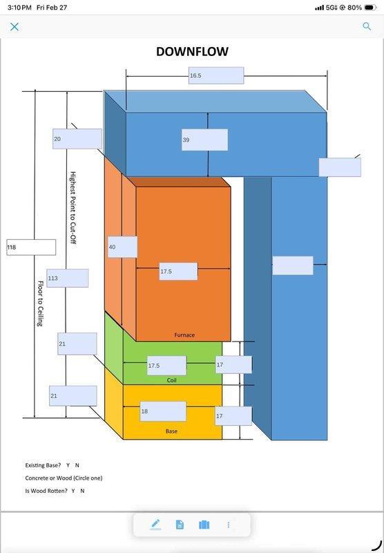 Conducted comprehensive evaluation of HVAC system for replacement estimate, focusing on AC unit with known refrigerant leaks while furnace remains operational. Documentation included detailed measurements of downflow system configuration showing furnace, coil, and base dimensions, with particular attention to ceiling clearances and base condition for proper replacement specifications.
