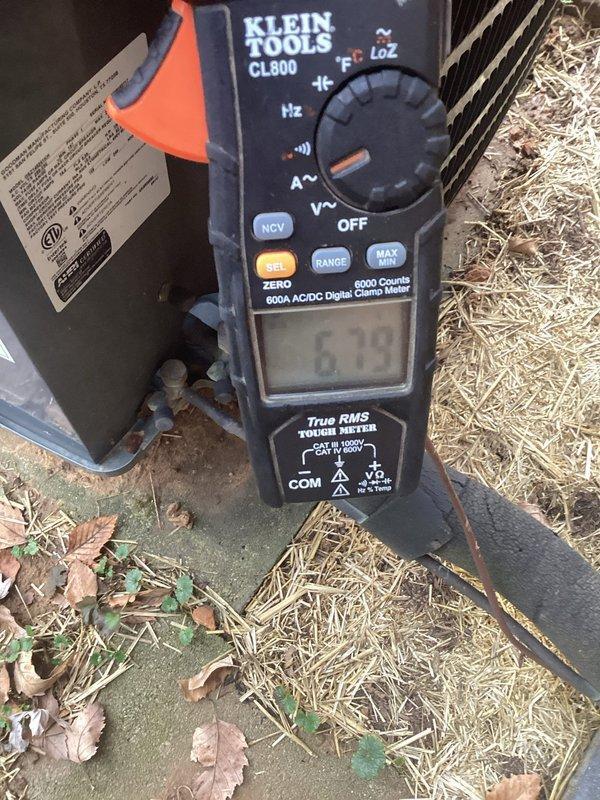 Performed monthly maintenance on a 7-year-old 16x20x5 HVAC system. Conducted temperature differential testing showing 28.5°F reading and measured system amperage at 6.79 amps with clamp meter. All readings within normal operating parameters for platinum maintenance plan service.