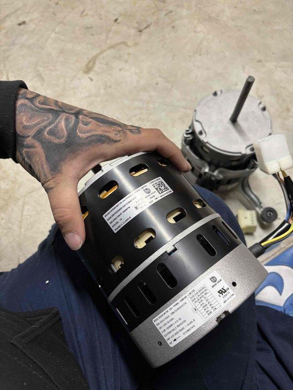 Diagnosed failed blower motor in basement HVAC system. Inspected and documented specifications from existing motor unit, including model and serial information. Took detailed photos of component for accurate replacement ordering. System currently operational but requires follow-up visit for installation once replacement blower motor arrives.