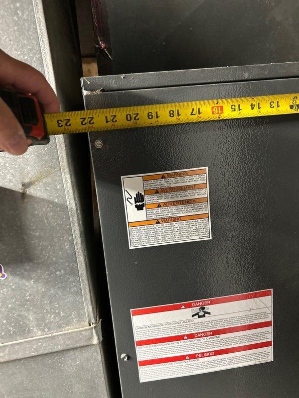 Conducted comprehensive on-site evaluation of existing 20-year-old HVAC system for complete replacement estimate. Performed detailed measurements of current air handler unit and ductwork components, documenting equipment dimensions and existing installation configuration including sealed joints with foil tape. Assessed system layout, captured photographic documentation of equipment specifications and warning labels, and gathered necessary technical data to provide accurate proposal for new HVAC system installation.