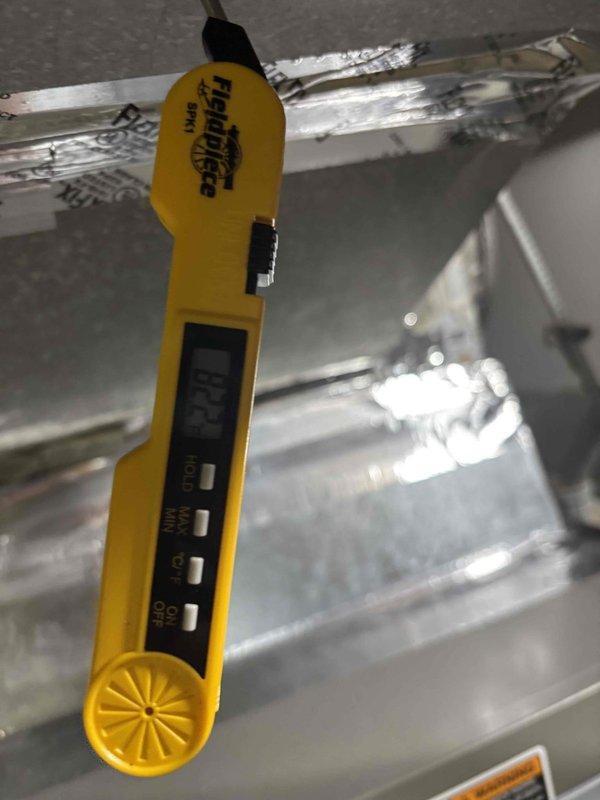 Responded to no-heat callback on recently installed heat pump system blowing cold air with auxiliary heat also producing cold air. Performed diagnostic testing using Fieldpiece meters to verify system operation and troubleshoot heating malfunction. Identified issue preventing proper heat output from both primary heat pump and backup auxiliary heating elements, corrected the problem, and restored system to proper heating operation with thermostat achieving setpoint temperature.