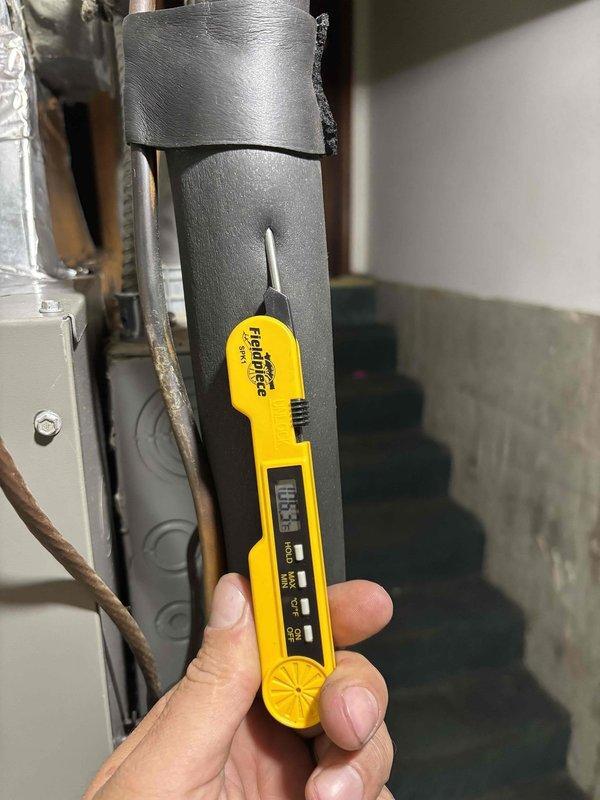 Responded to no-heat callback on recently installed heat pump system blowing cold air with auxiliary heat also producing cold air. Performed diagnostic testing using Fieldpiece meters to verify system operation and troubleshoot heating malfunction. Identified issue preventing proper heat output from both primary heat pump and backup auxiliary heating elements, corrected the problem, and restored system to proper heating operation with thermostat achieving setpoint temperature.