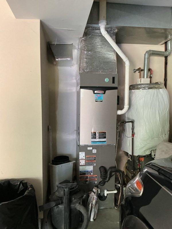# HVAC Annual Maintenance Completed

Performed annual planned maintenance on a one-year-old Lennox residential HVAC system (Model CK40DT-48C-71, Serial G024J02943). Inspected gas-fired furnace unit and associated equipment in utility room. Changed 20x25x5 air filter per maintenance schedule. Verified proper operation of furnace, examined PVC venting and condensate drainage systems, and inspected ductwork insulation. Checked refrigerant specifications for R-454B compatibility on air conditioning unit. Confirmed all manufacturer labels, safety warnings, and compliance markings are clearly visible and intact. System operating within normal parameters. Customer approved contract renewal for continued annual maintenance coverage.
