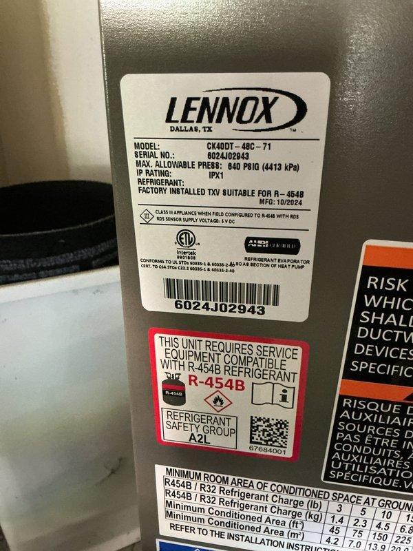 # HVAC Annual Maintenance Completed

Performed annual planned maintenance on a one-year-old Lennox residential HVAC system (Model CK40DT-48C-71, Serial G024J02943). Inspected gas-fired furnace unit and associated equipment in utility room. Changed 20x25x5 air filter per maintenance schedule. Verified proper operation of furnace, examined PVC venting and condensate drainage systems, and inspected ductwork insulation. Checked refrigerant specifications for R-454B compatibility on air conditioning unit. Confirmed all manufacturer labels, safety warnings, and compliance markings are clearly visible and intact. System operating within normal parameters. Customer approved contract renewal for continued annual maintenance coverage.