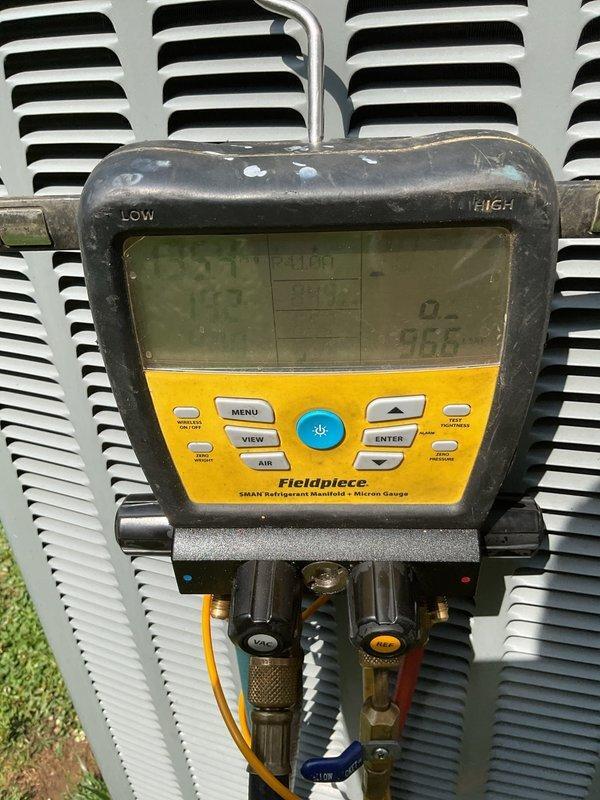Completed Platinum Level annual maintenance on 8-year-old single-system HVAC unit. Installed new 16x25x5 filter, performed comprehensive system diagnostics using refrigerant manifold and micron gauge on outdoor condensing unit, and verified all operating parameters within manufacturer specifications.